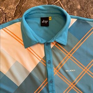 SLIGO Men’s Aqua Orange White Geometric Argyle Preppy Sporty Polo Golf Shirt XXL
